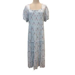 Jessakae Maxi Dress Sz 1X Light Blue Ditsy Floral Smocked Tired Boho Milkmaid